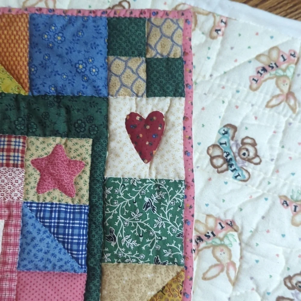 Country Nursery Sweet puffy Patchwork Angel/Hearts/Stars Crib Quilt  Multicolor
